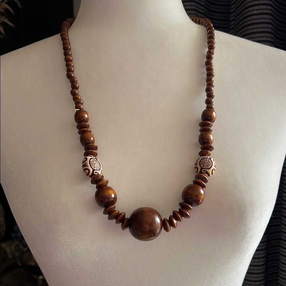 Brown Boho Wood Beaded Necklace
